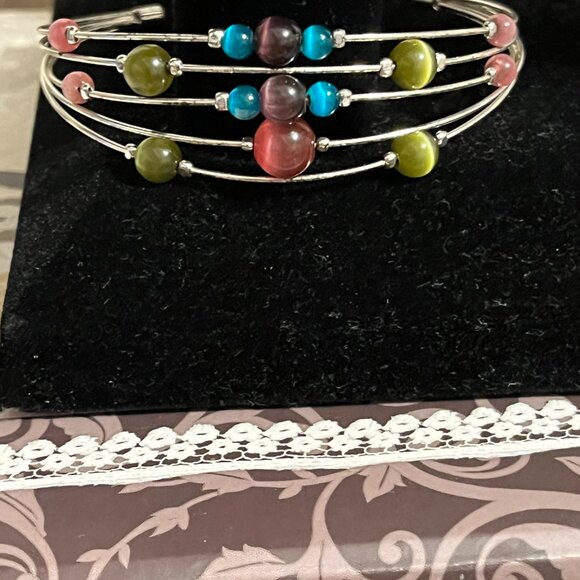 Silver tone Cuff Bracelet with Tiger Eye Beading in Various Colors - Picture 2 of 10